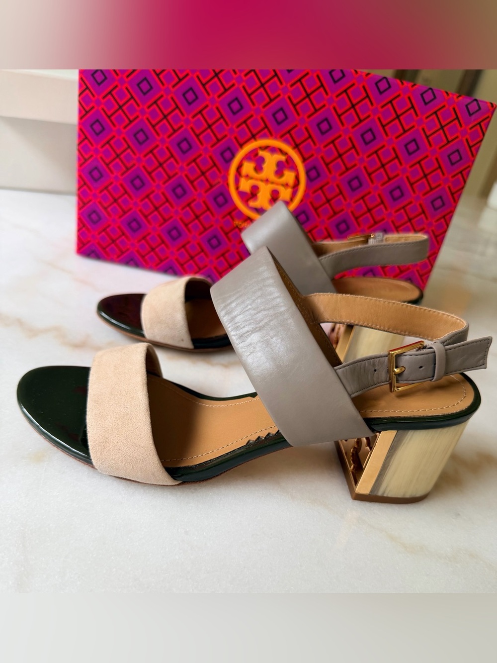 Tory Burch Two-Tone Block Heel Sandals in Beige and Taupe